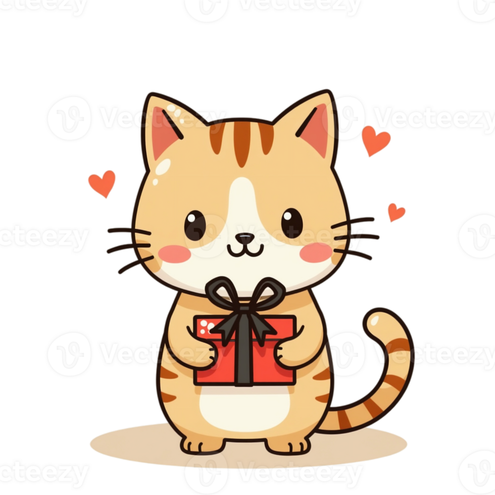 A cute cartoon cat with a striped pattern holds a gift wrapped with a black ribbon cutouts png