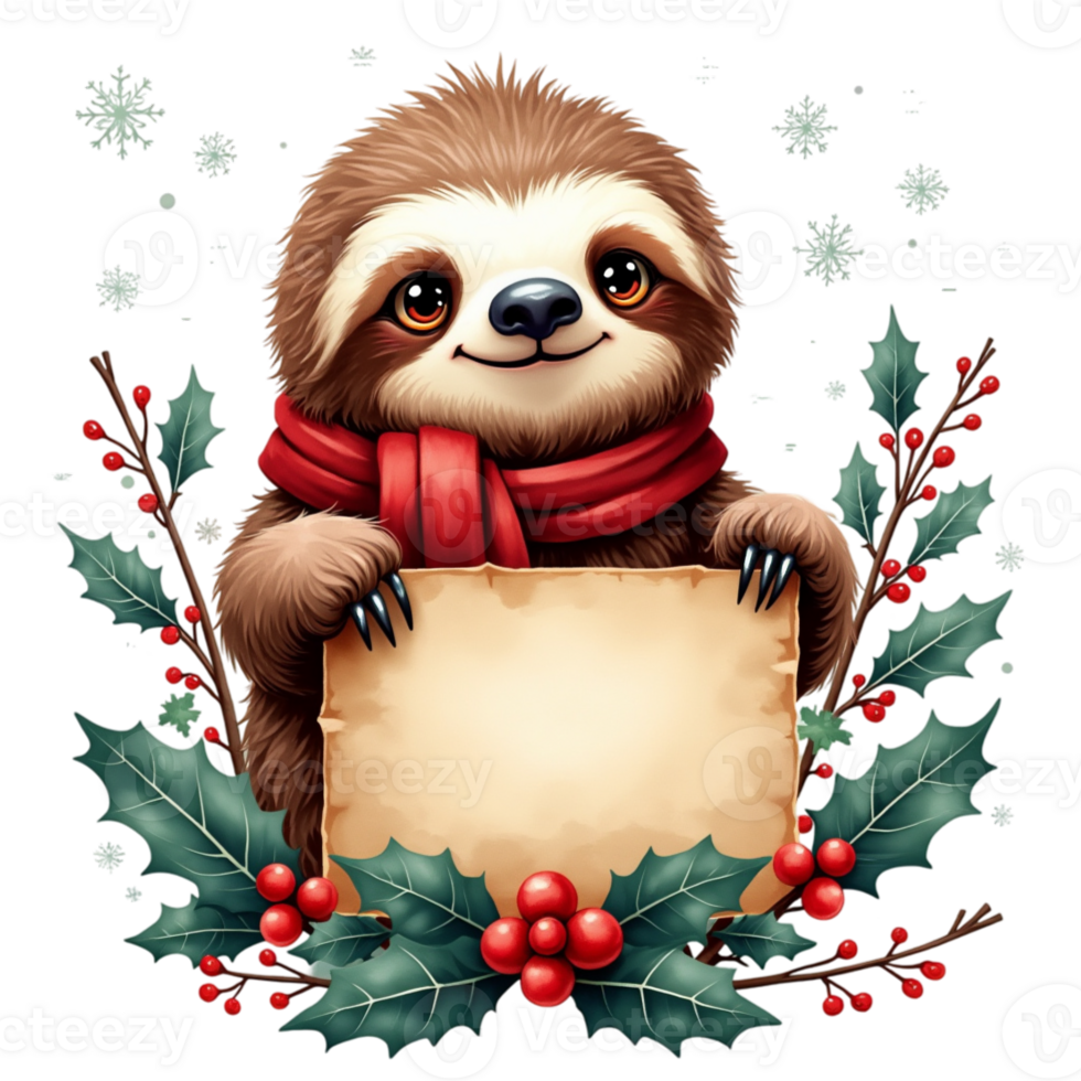 A cute sloth with a golden horn and red mane smiles while holding a wooden sign cutouts png