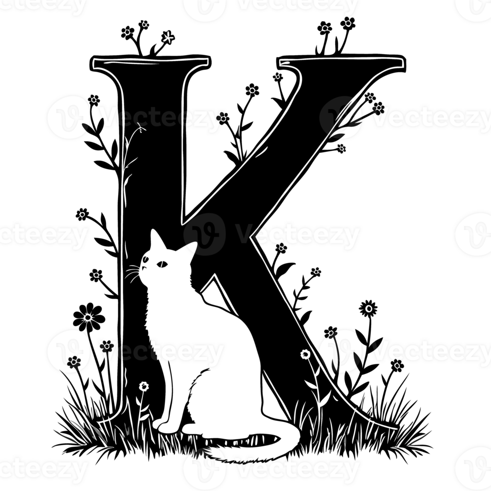 A large letter K is intricately designed with floral patterns and a black cat sitting in front of it. cutouts png