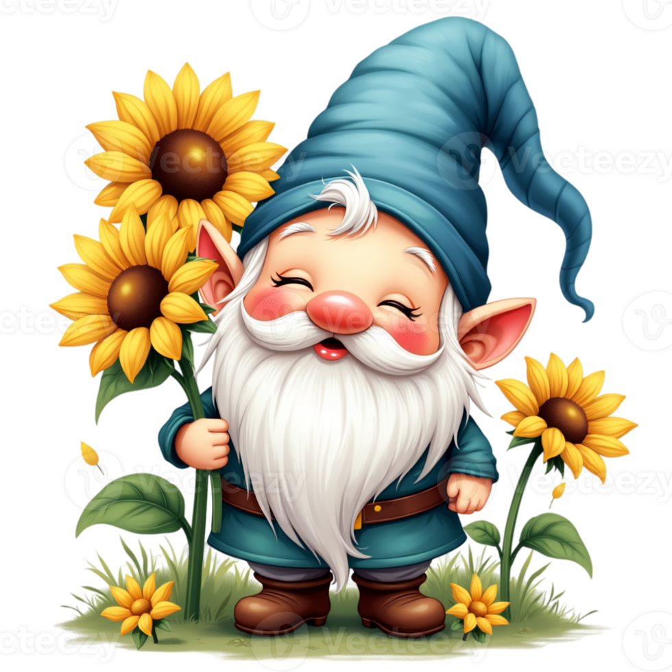 A cute gnome with a long white beard and a teal hat is joyfully standing among vibrant sunflowers cutouts png