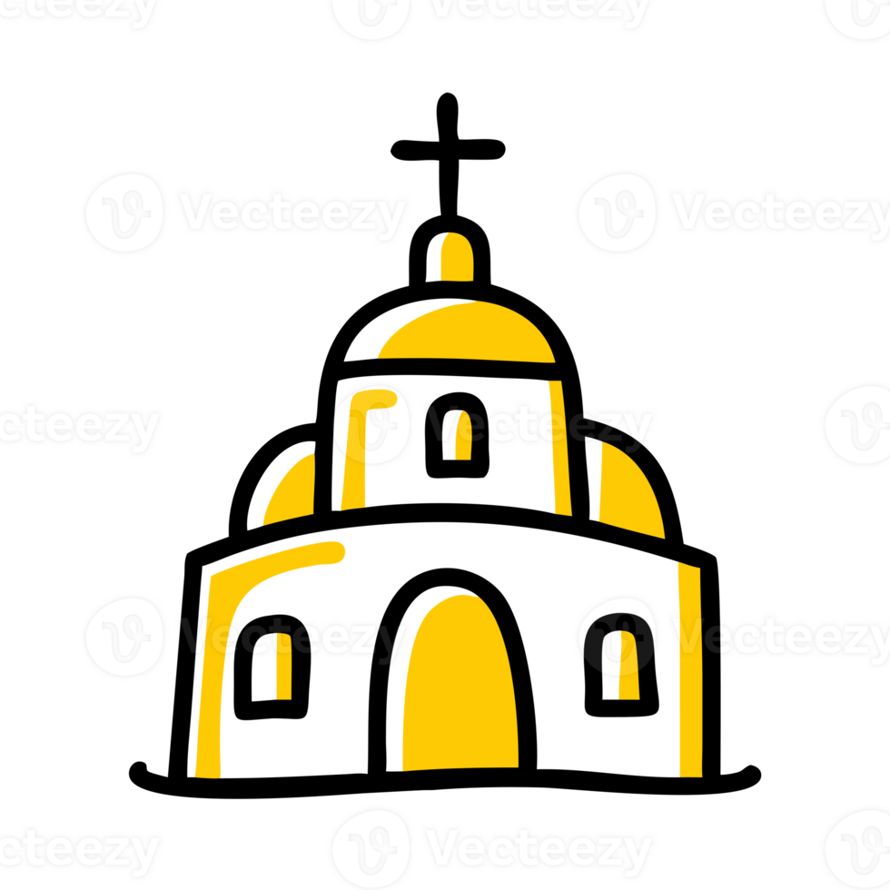 A stylized depiction of a church features a central dome topped with a cross, primarily using yellow and black cutouts png