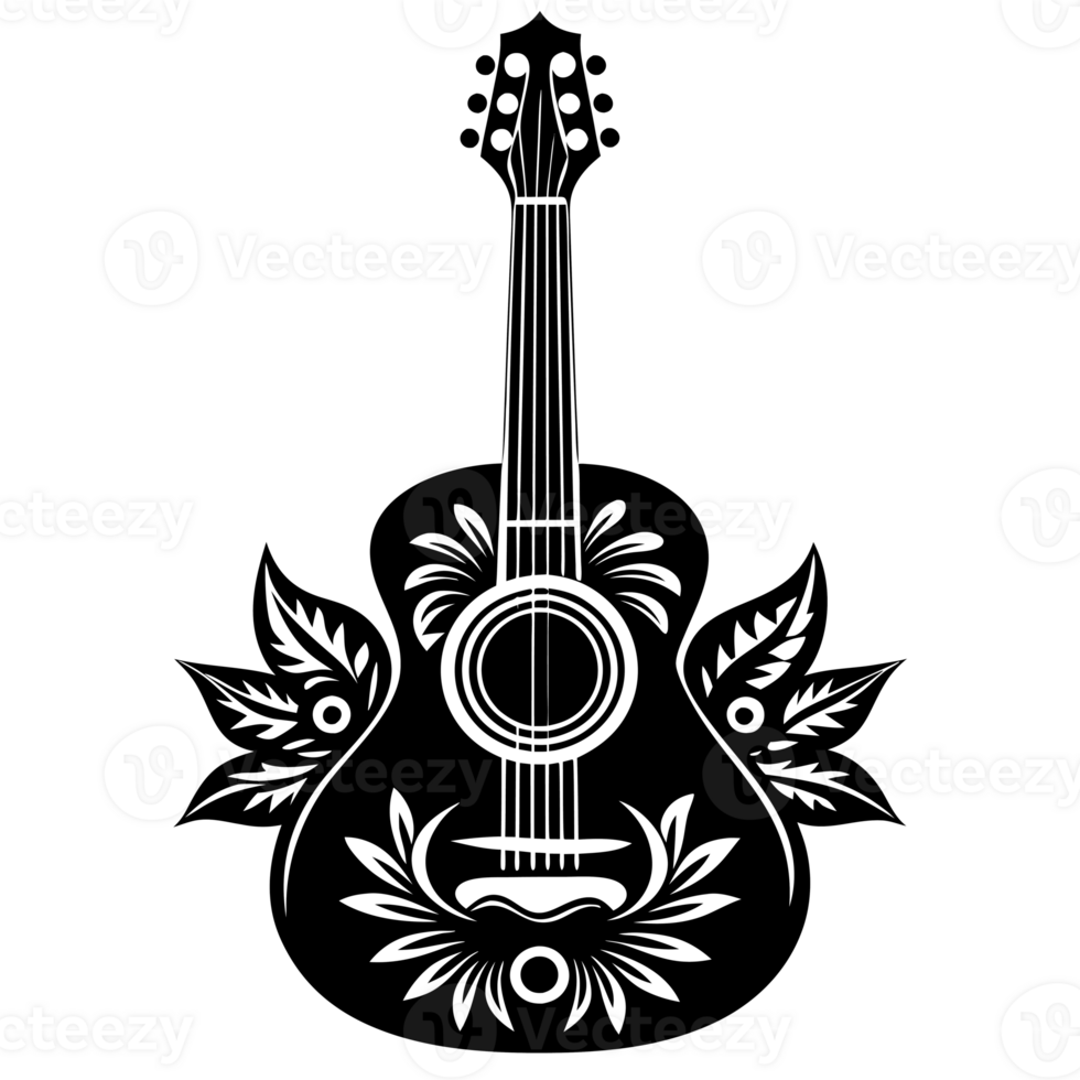 A black guitar silhouette features intricate floral patterns, cutouts png