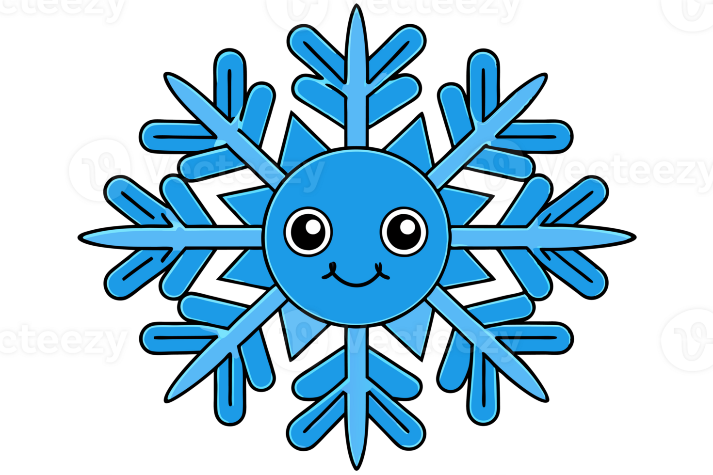 A blue, cartoon-style snowflake features a smiling face at its center, adding a playful touch to the symmetrical design cutouts png