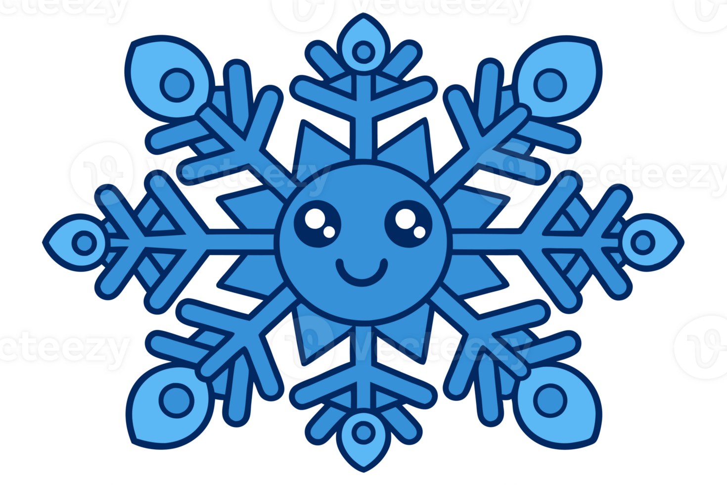 cartoon-style snowflake features a smiling face at its center, adding a playful touch to the symmetrical design cutouts png