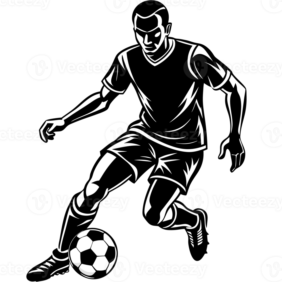 design features a soccer player in motion, skillfully maneuvering a ball. Dynamic lines emphasize the athlete's energy and focus. cutouts png