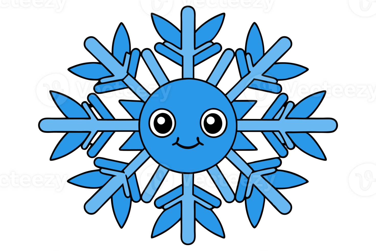 A blue, snowflake features a smiling face at its center, adding a playful touch to the symmetrical design cutouts png