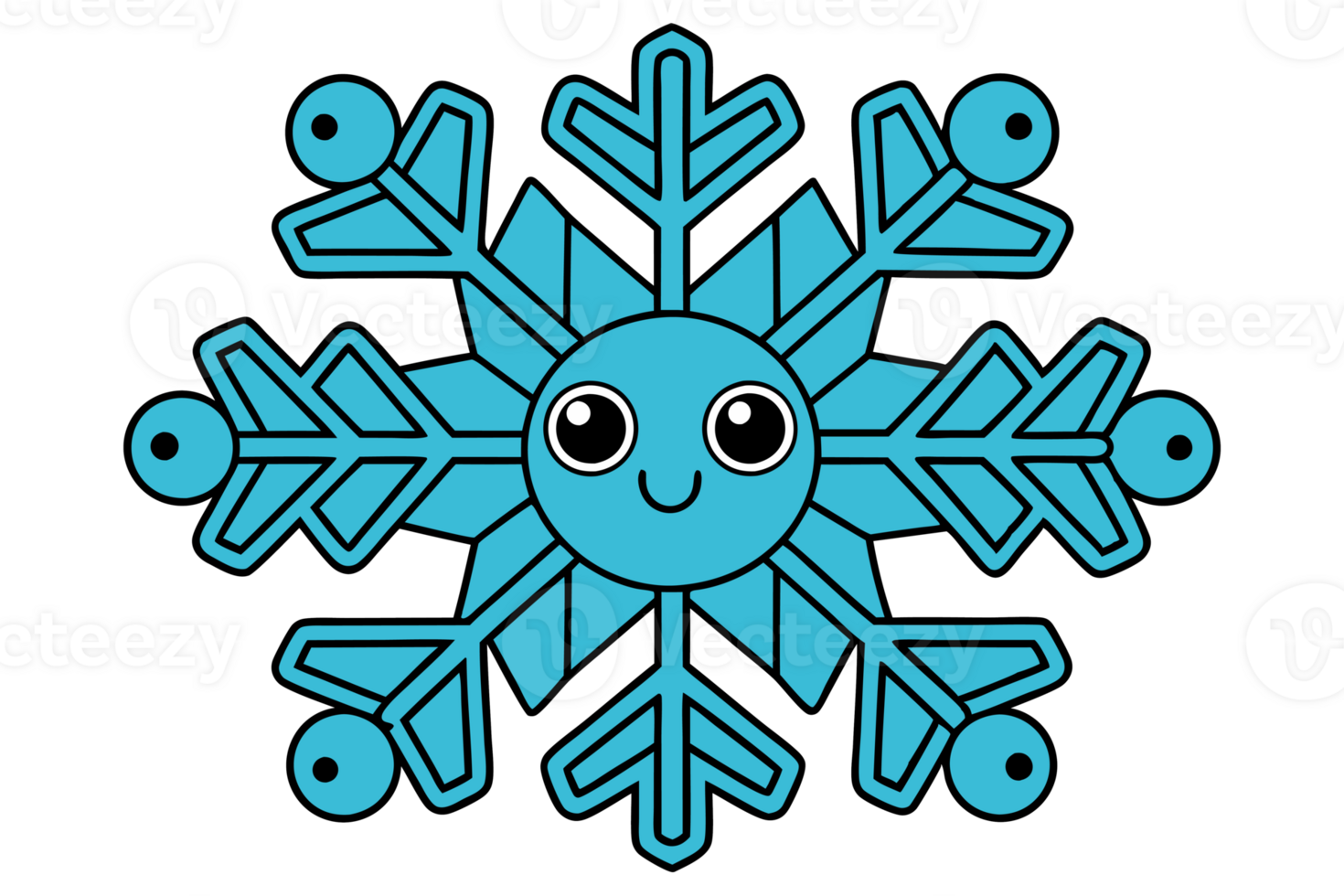 A blue, cartoon-style snowflake features a smiling face at its center, adding a playful touch to the symmetrical cutouts png
