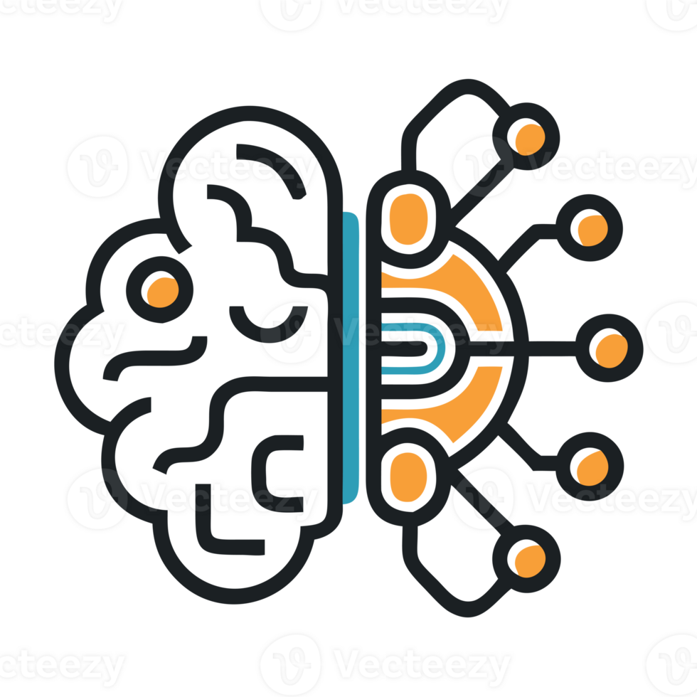 A symbolic illustration combines a human brain with a circuit-like digital network, representing the fusion of human intelligence and technology cutouts png