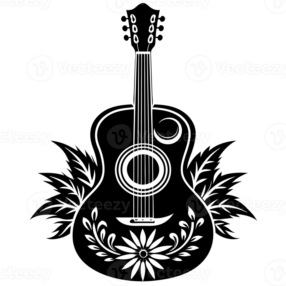 A black guitar silhouette features intricate floral patterns, highlighted. cutouts png