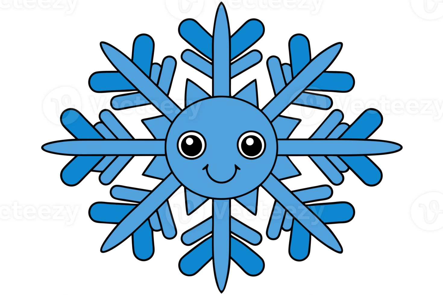 A blue, kawaii snowflake features a smiling face at its center, adding a playful touch to the symmetrical design cutouts png
