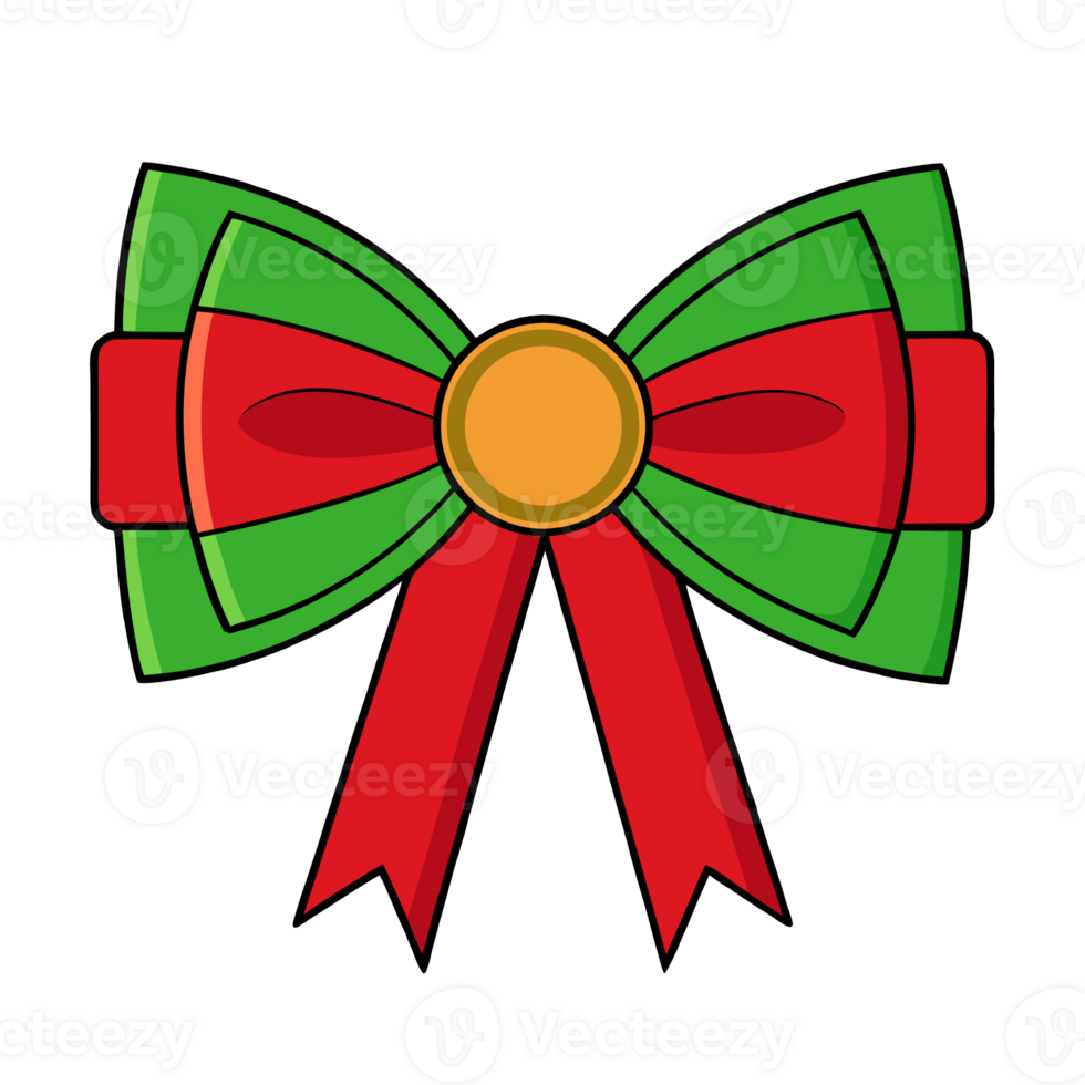 A bow featuring red and green ribbons with a large, central golden circle cutouts png