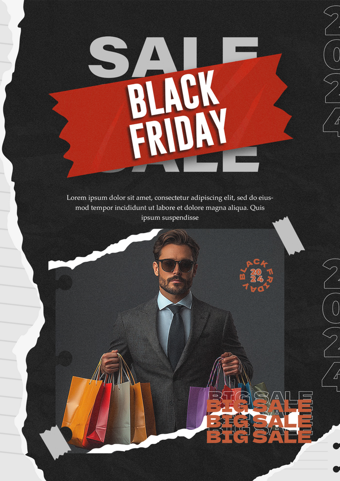 Black Friday discount sale poster with torn paper design Black Friday man shopping background psd