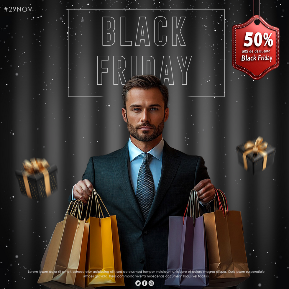 Black Friday up to discount sale template with man holding shopping bags Black Friday shopping psd
