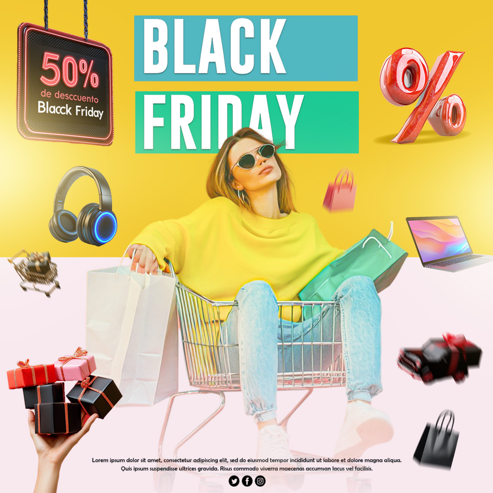 Black Friday sale template with woman sitting on shopping cart Black Friday sale background psd