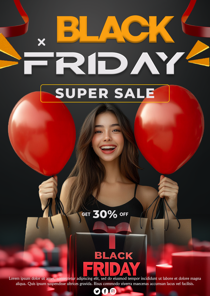 black Friday super sale discount offer poster template woman with Black Friday shopping bag psd