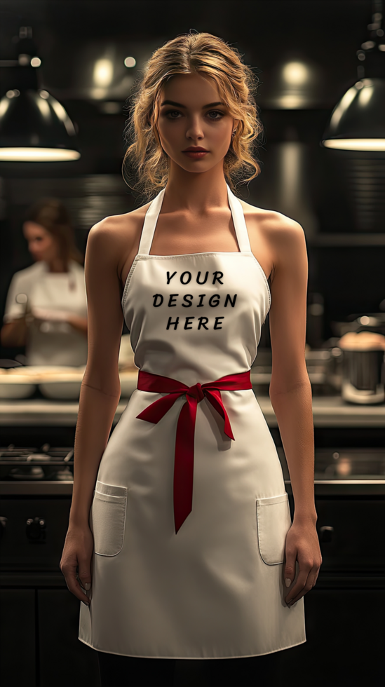 A woman wearing an apron with a red ribbon psd