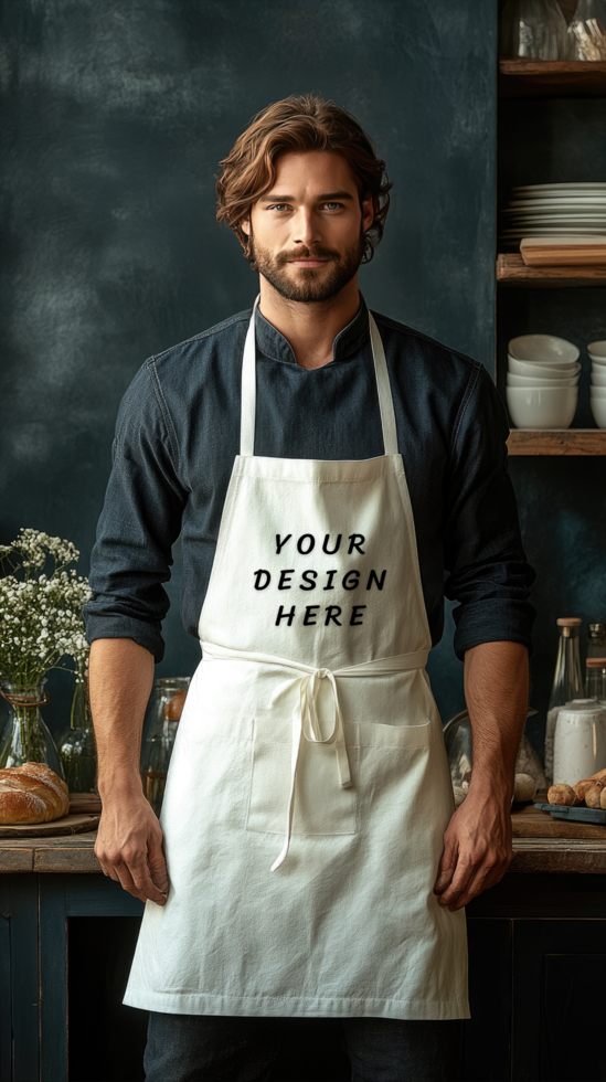 Man in apron standing in a kitchen psd