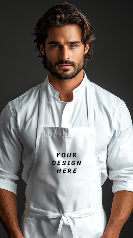 A man wearing an apron with a text box psd