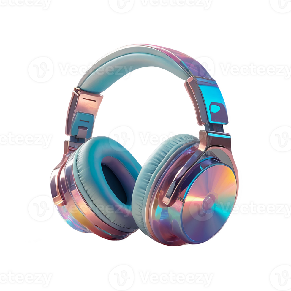 3D chrome element in Y2K style, isolated background, liquid holographic metal. Pair of headphones with a rainbow design made of metal and have a shiny, metallic appearance. png