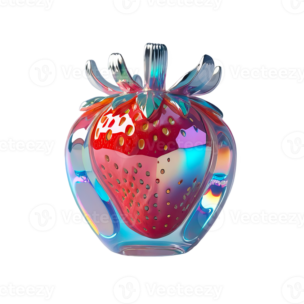 3D chrome element in Y2K style, isolated background, liquid holographic metal. A glass strawberry with a stem and a shiny surface. png