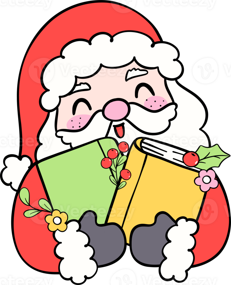 Christmas Reading Santa with books hand drawn doodle png