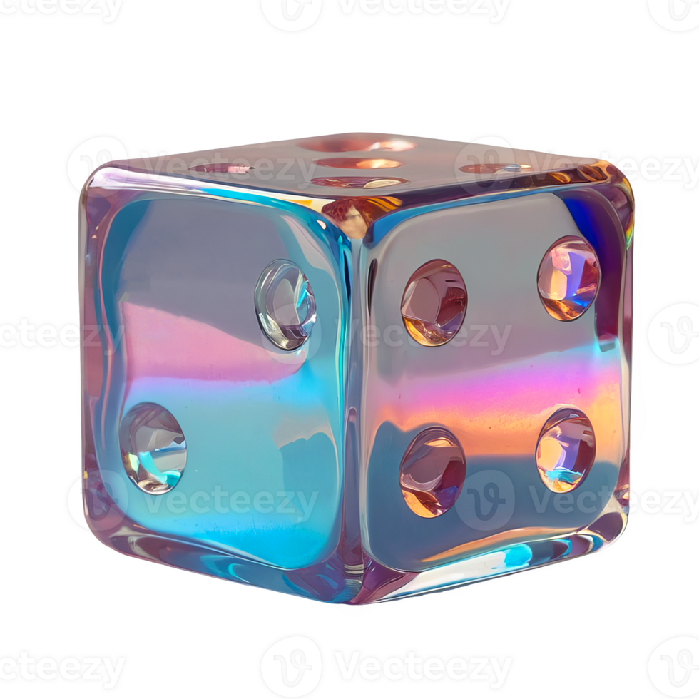 3D chrome element in Y2K style, isolated background, liquid holographic metal. A cube shaped glass dice with a rainbow colored design made of glass and has a clear surface. png