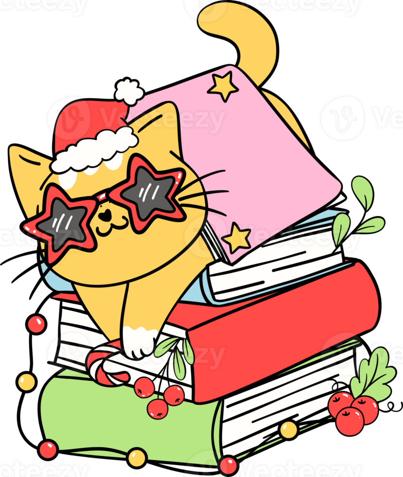 Christmas Reading book pile with orange cat hand drawn doodle png