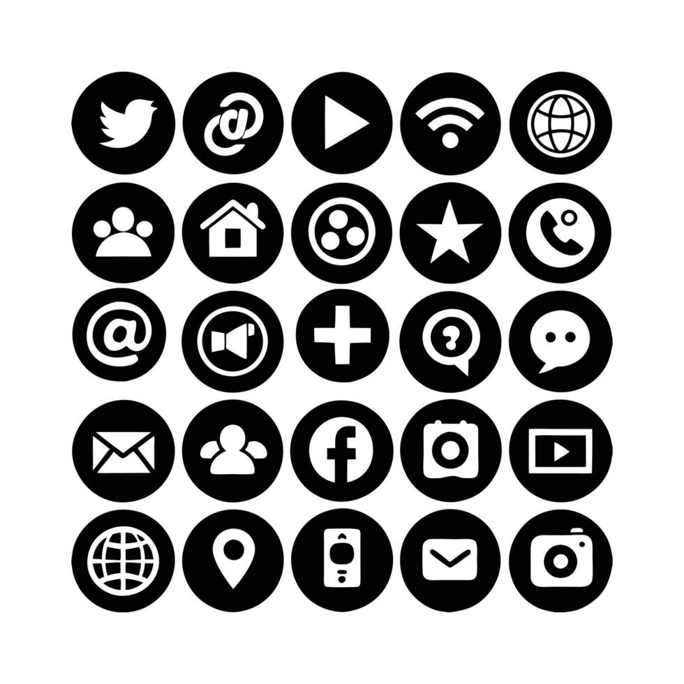 25 black social media icon set silhouette isolated on whit background vector