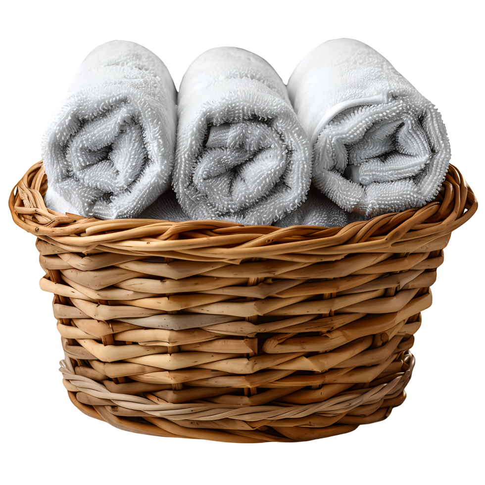 Three white towels in a wicker basket png