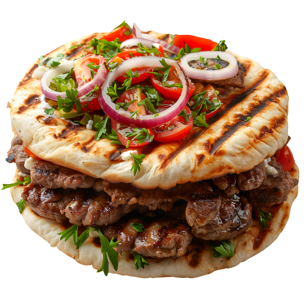 A sandwich with meat and vegetables on a bun png