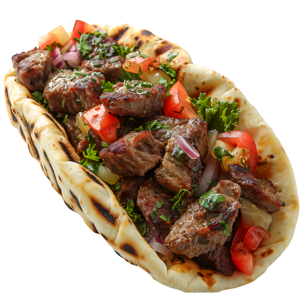 A close up of a meat and vegetable pita with a side of salad png