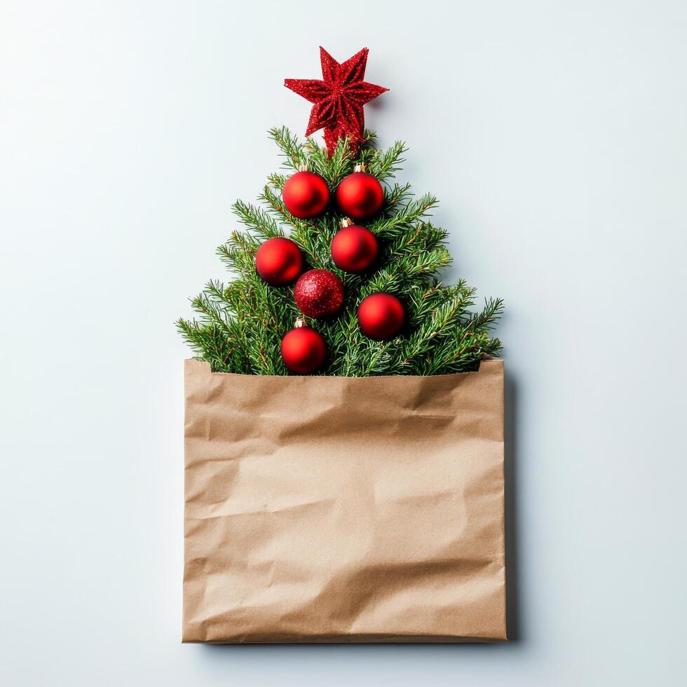 A creative Christmas tree made of branches and ornaments displayed in a brown paper bag photo