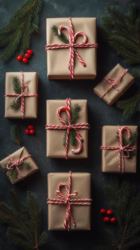 Beautifully wrapped holiday gifts arranged with pinecones and candy canes on a dark background photo