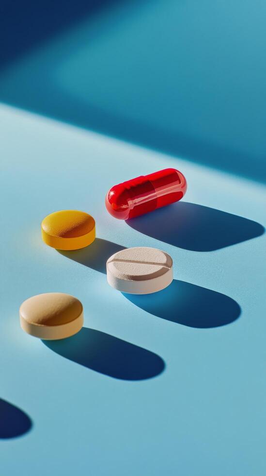 Yellow capsules arranged on a blue surface with soft shadows highlighting their shape photo