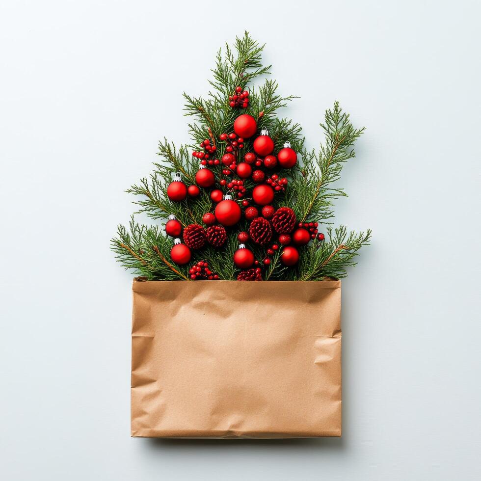 A creative Christmas tree made of branches and ornaments displayed in a brown paper bag photo