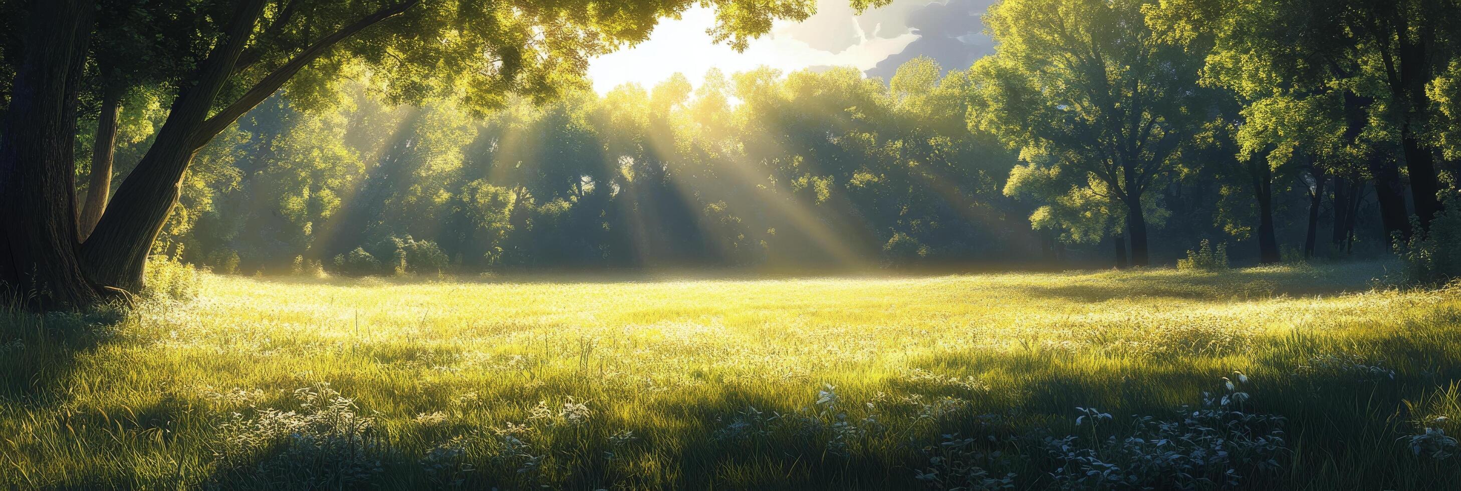 Sunlight streaming through trees in a peaceful forest meadow during the early morning photo