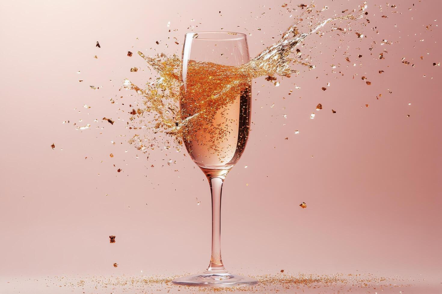 Sparkling drink explodes from a glass, creating a burst of golden particles in the air photo