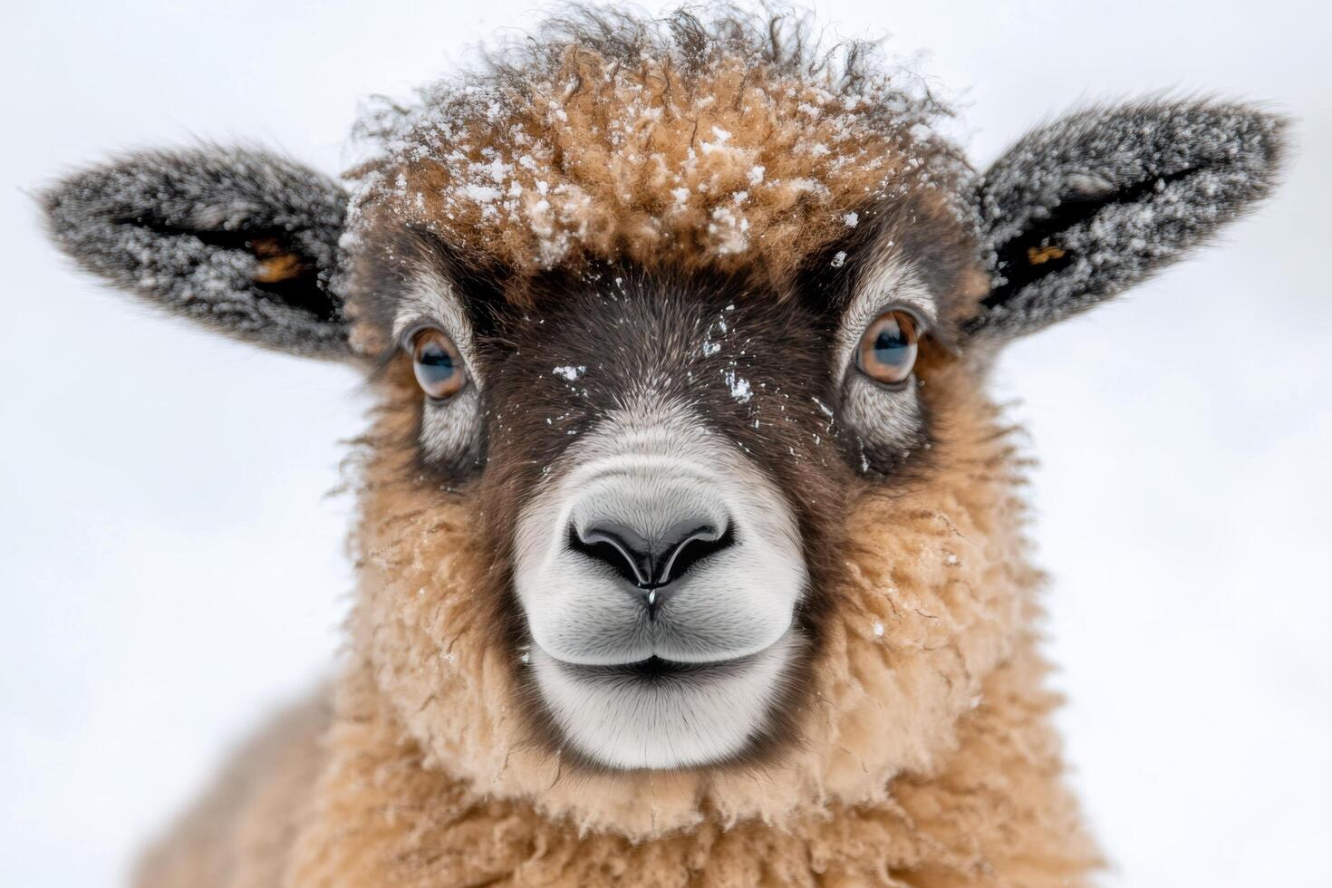 Portrait of a young sheep with snowflakes on its fur in a winter landscape during daylight photo