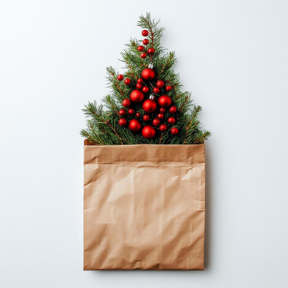 A creative Christmas tree made of branches and ornaments displayed in a brown paper bag photo