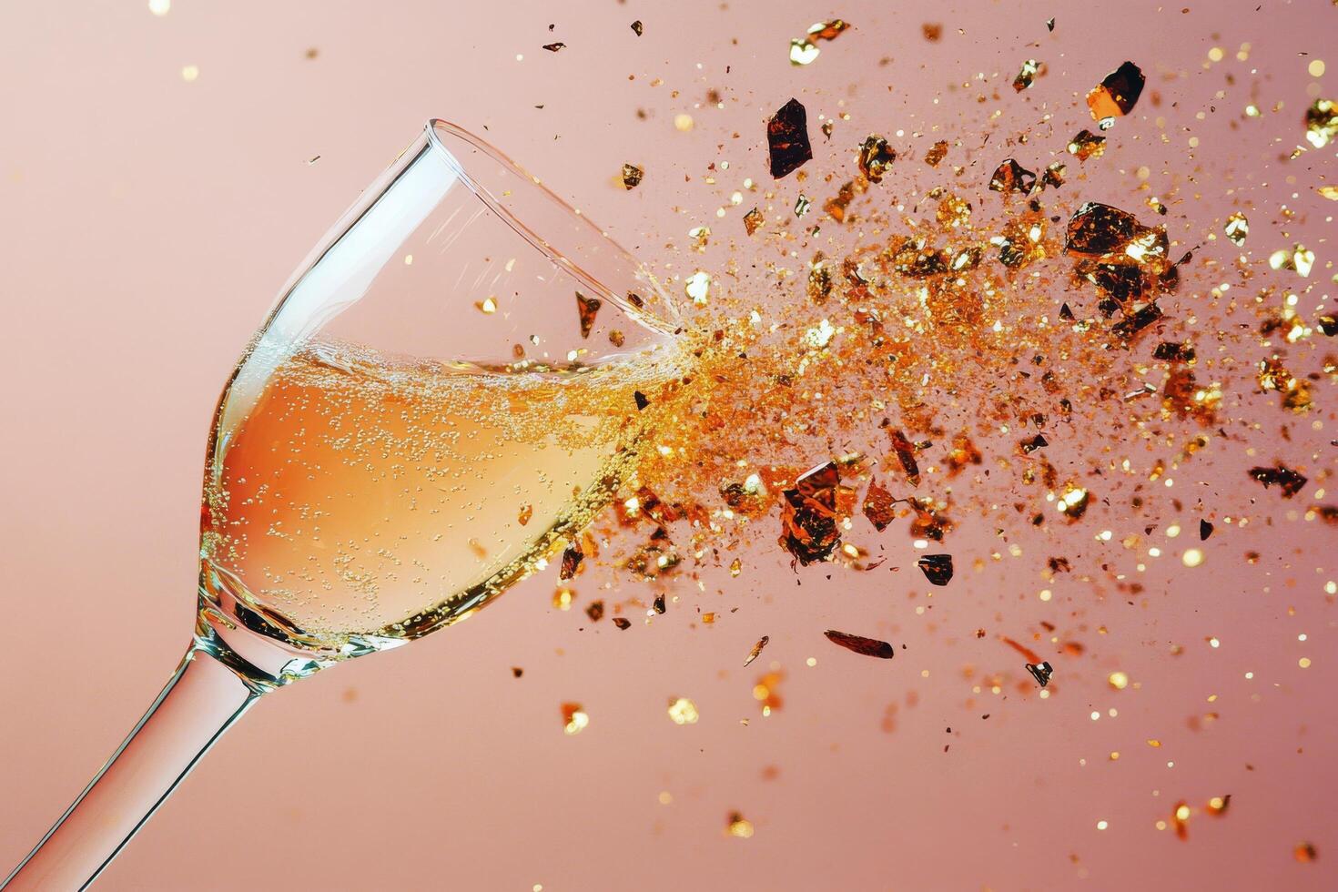 Sparkling drink explodes from a glass, creating a burst of golden particles in the air photo