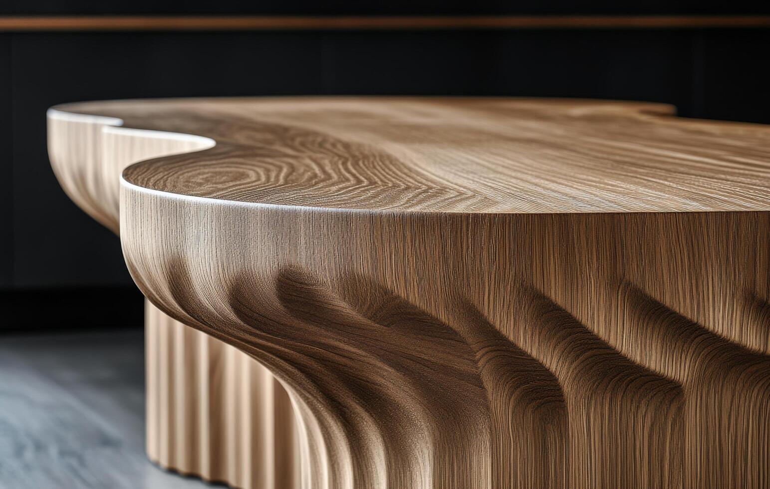 Unique handcrafted wooden table with intricate wave patterns, showcased in a modern setting photo