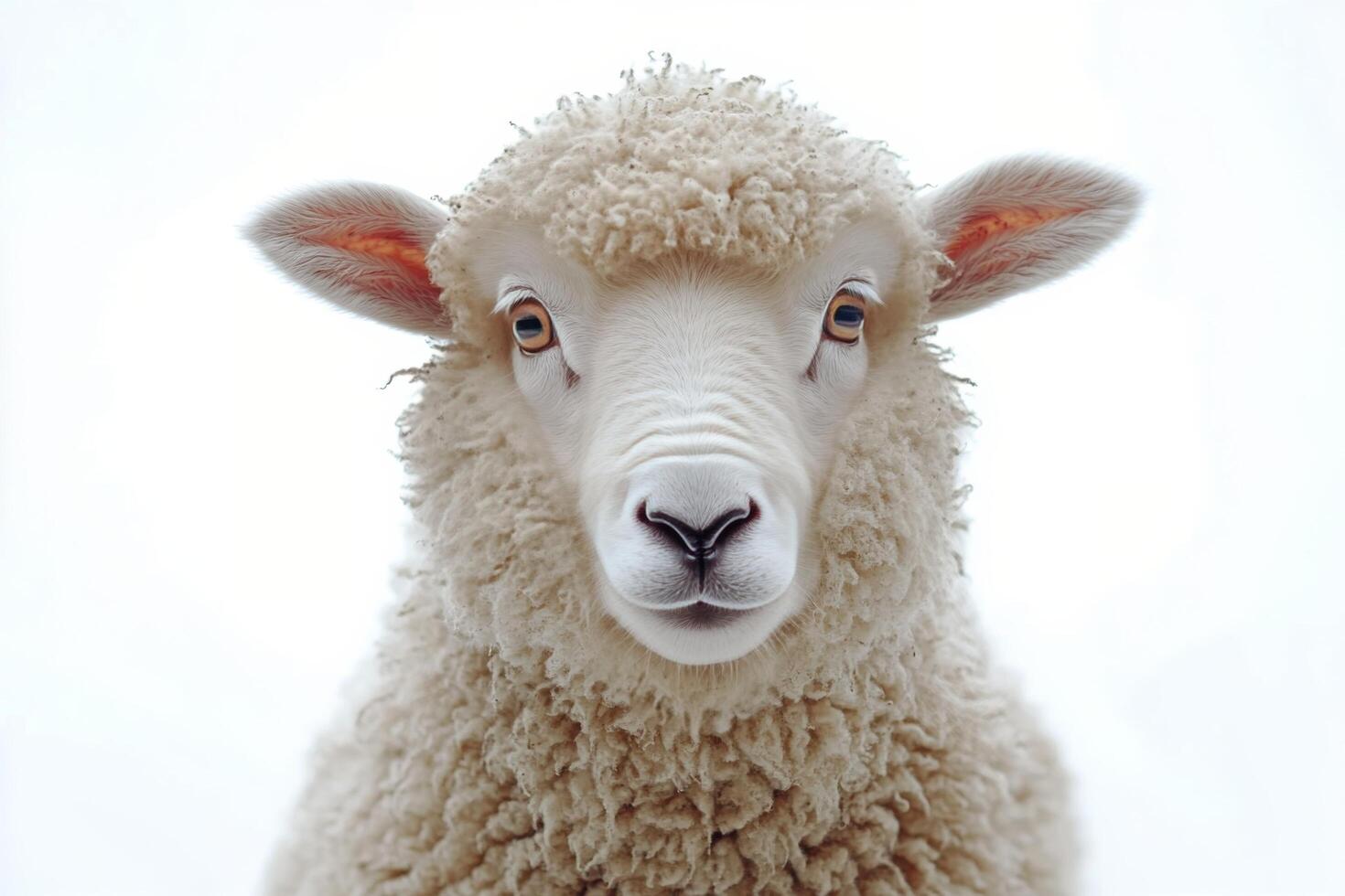 Portrait of a young sheep with snowflakes on its fur in a winter landscape during daylight photo