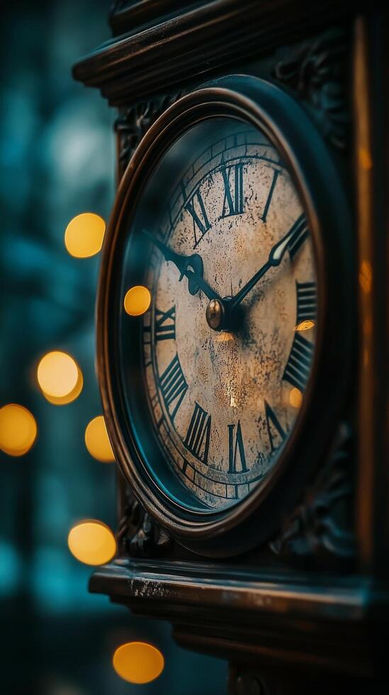 A close up view of an ornate clock face adorned with golden details and blurred lights at night photo