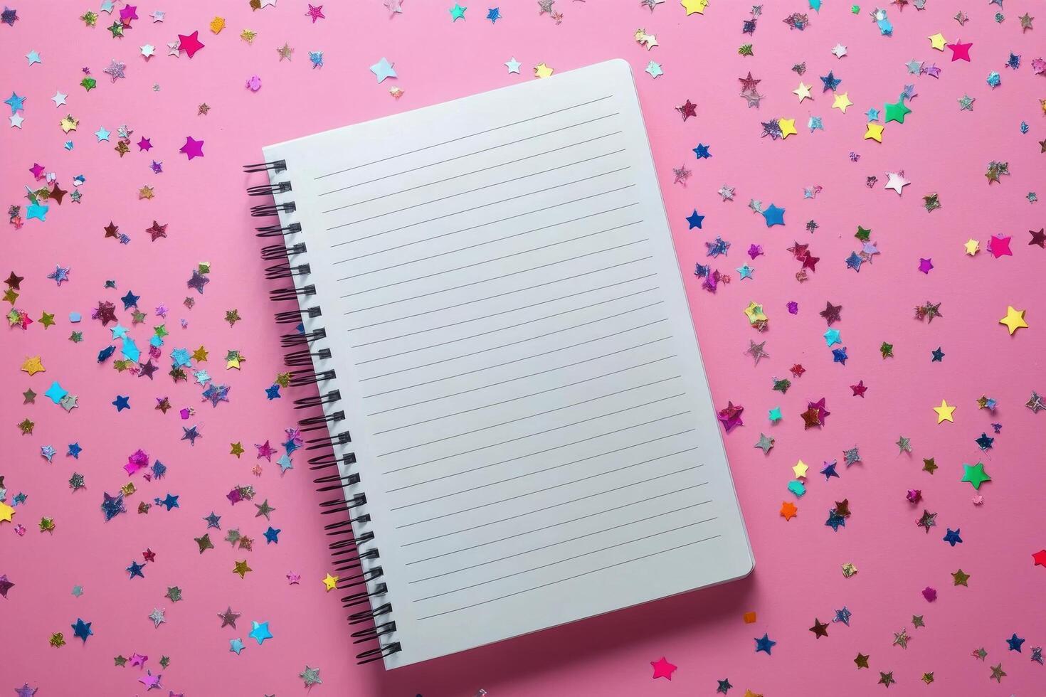 Blank notebook on pink background surrounded by colorful star confetti photo