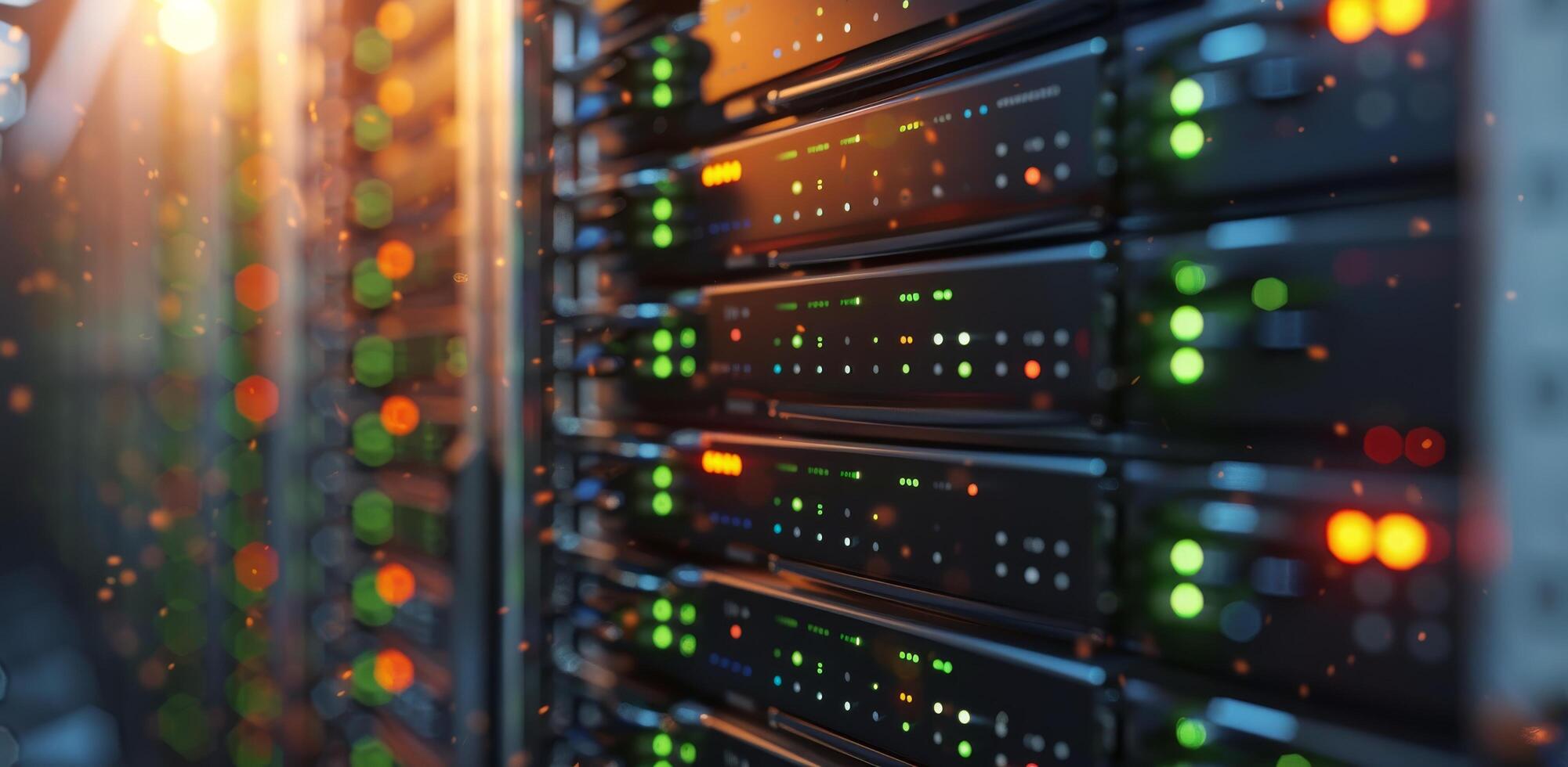 Close Up View of Server Racks With Green Lights photo