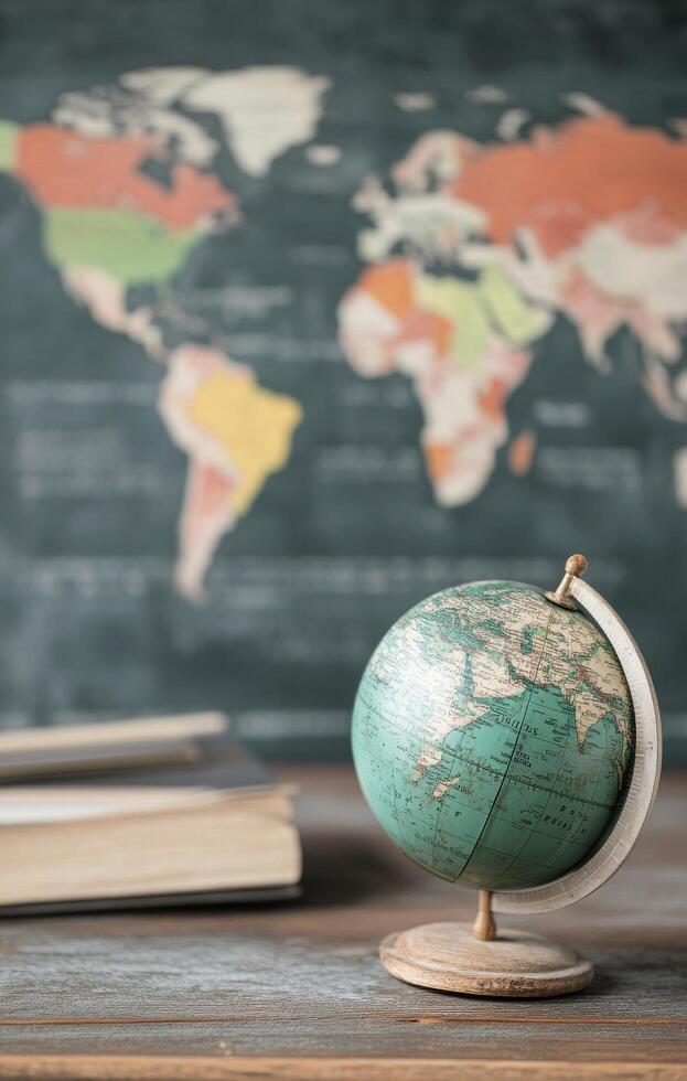 A vintage globe sits on a wooden table with a colorful world map background photo