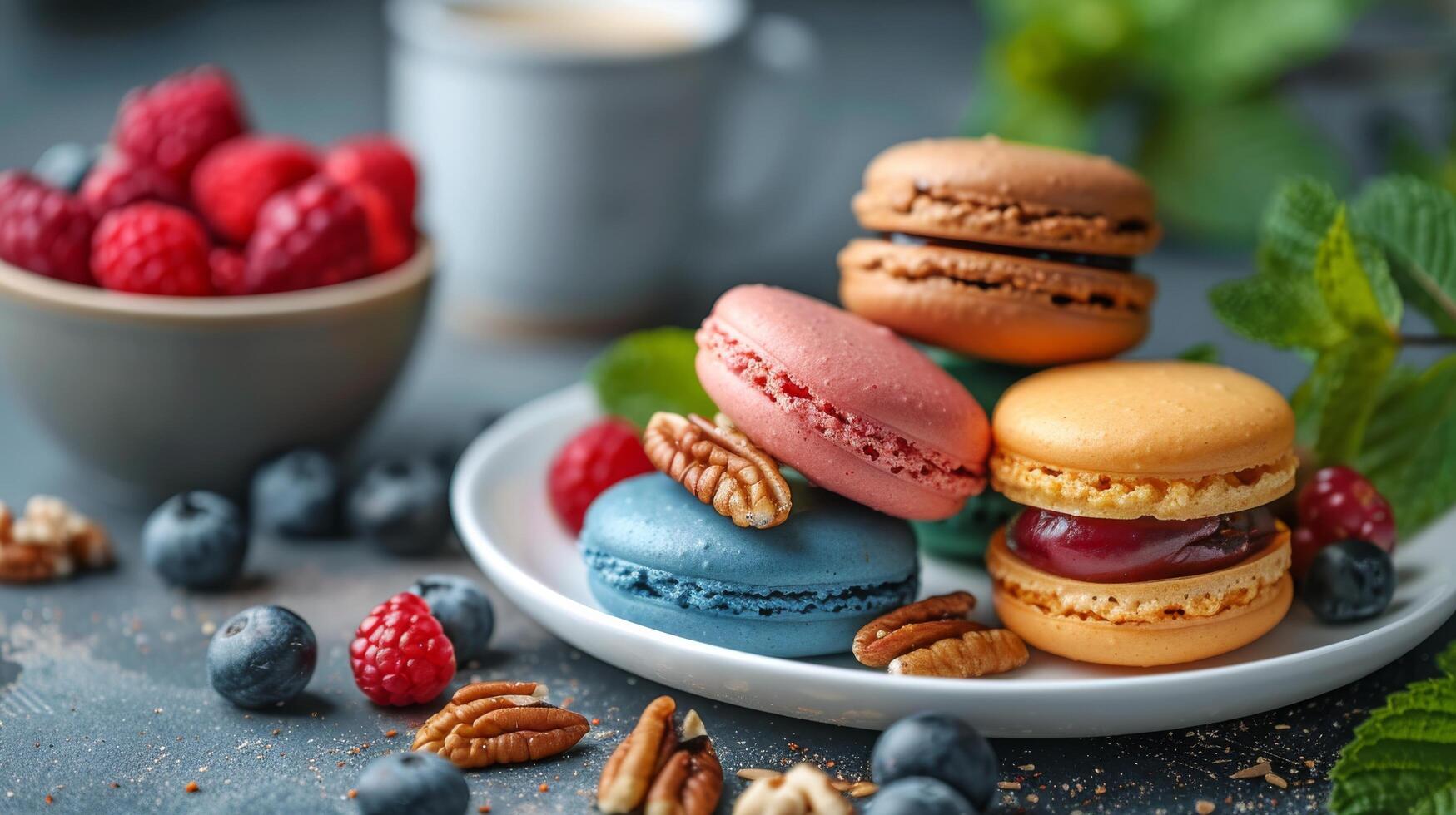 Colorful Macarons With Fresh Berries and Pecans on a Plate photo