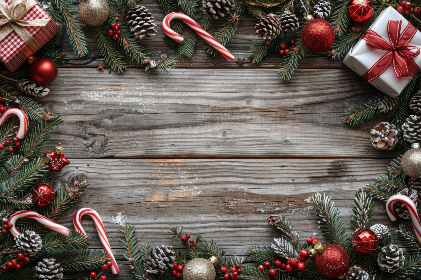 Festive Christmas Decorations Bordering Rustic Wooden Background photo