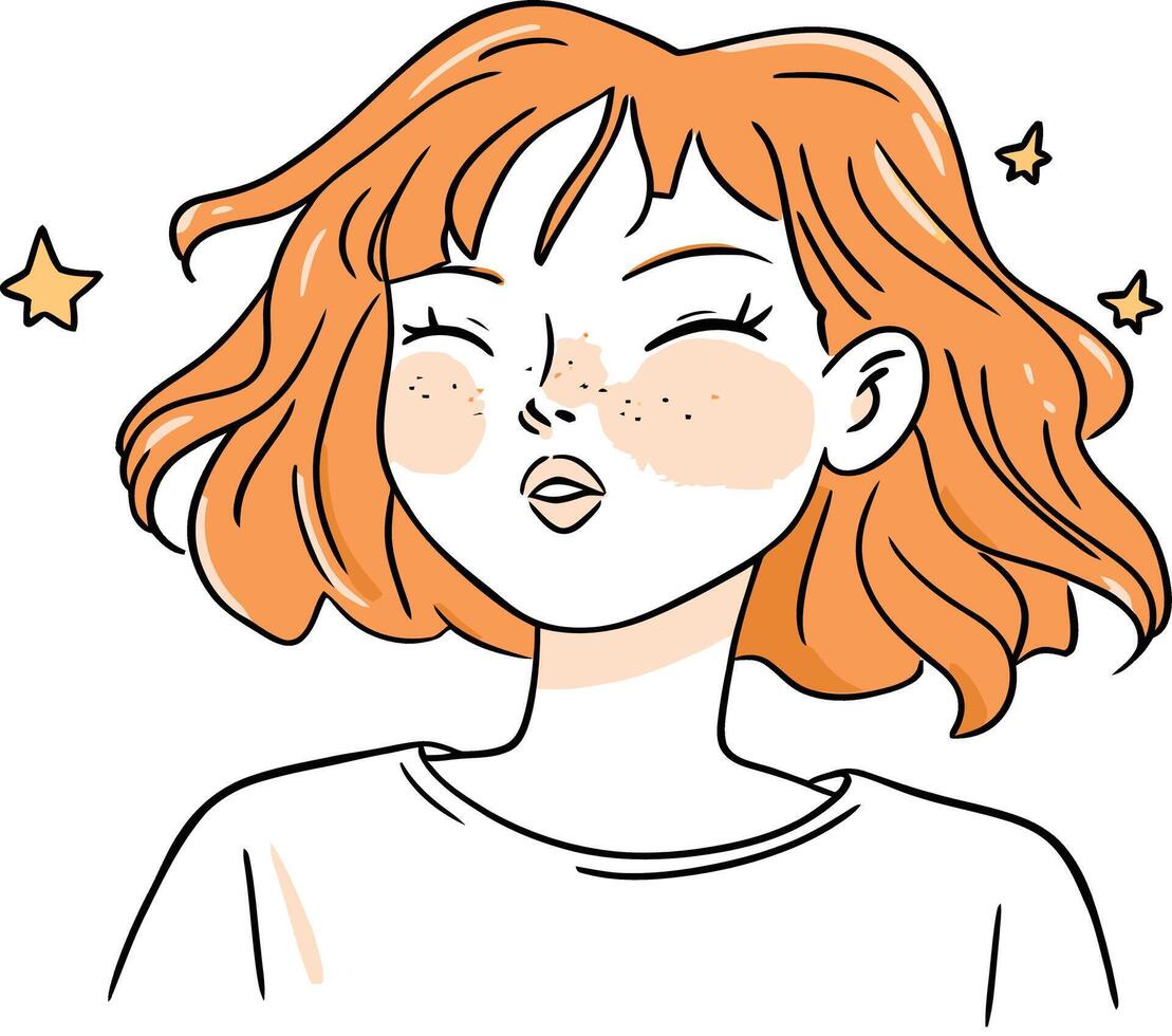 Playful Redhead Woman with Freckles and Wavy Hair Drawing - Cute, Whimsical Illustration vector