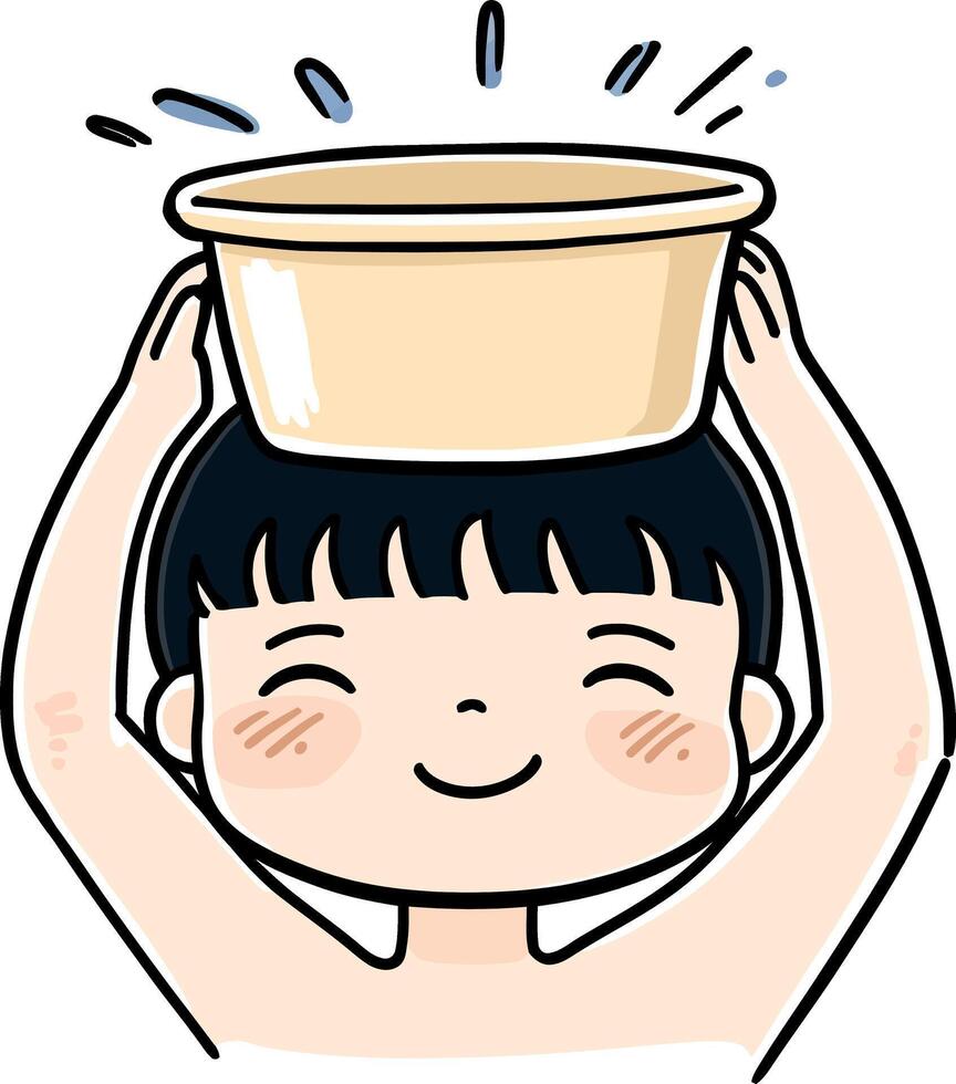Happy Child Bathing with Yellow Basin and Water Splash vector